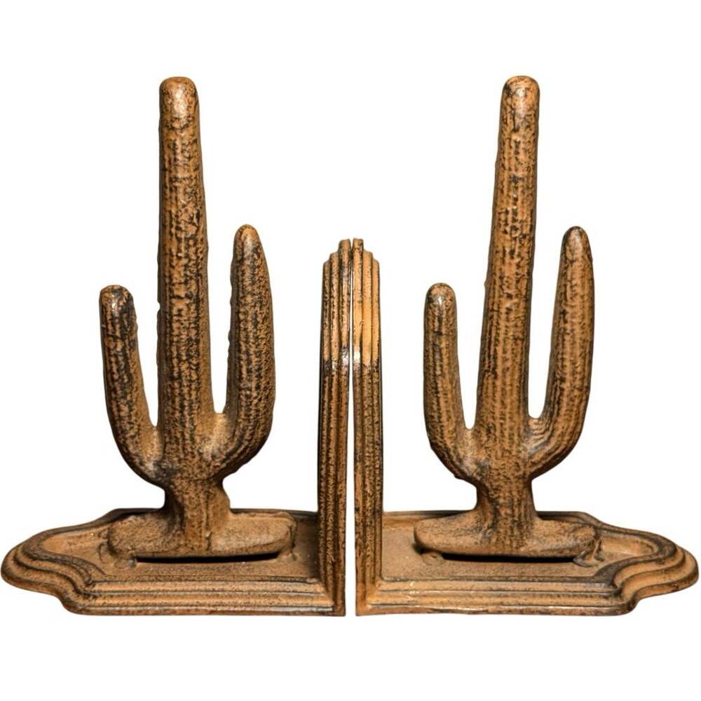 Vintage Cast Iron Saguaro Cactus Bookends Heavy Painted Brown Metal Pair